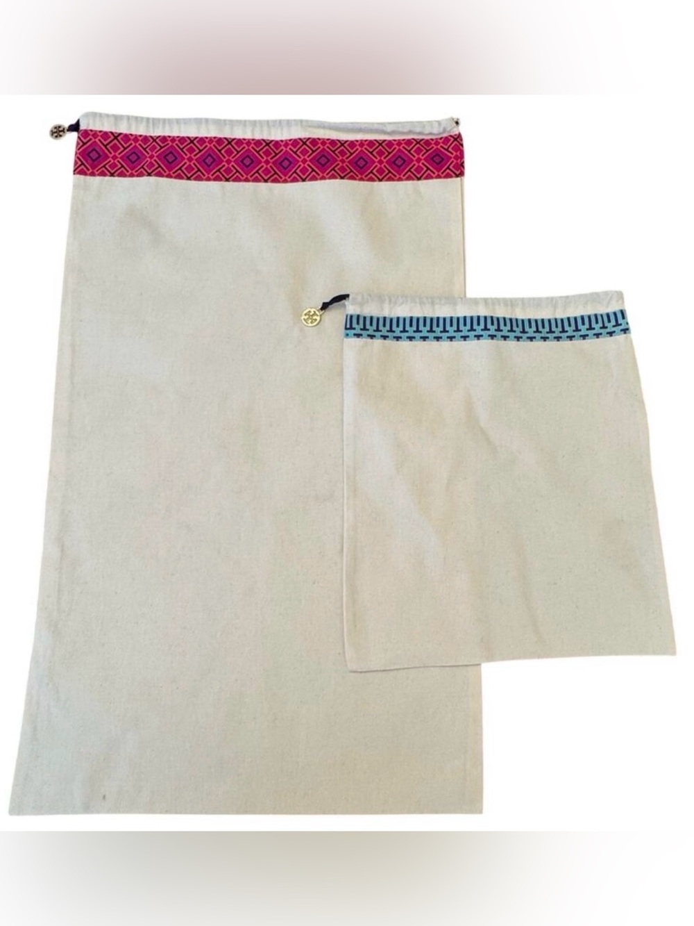 Tory Burch Canvas Dust Bag Set XL & Med Drawstring Gold Logo Hardware Pink Blue